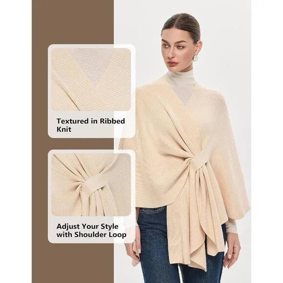 Women's Beige Elegant Open Poncho Sweater Spring Fall Winter Shawl Wraps - Picture 5 of 6